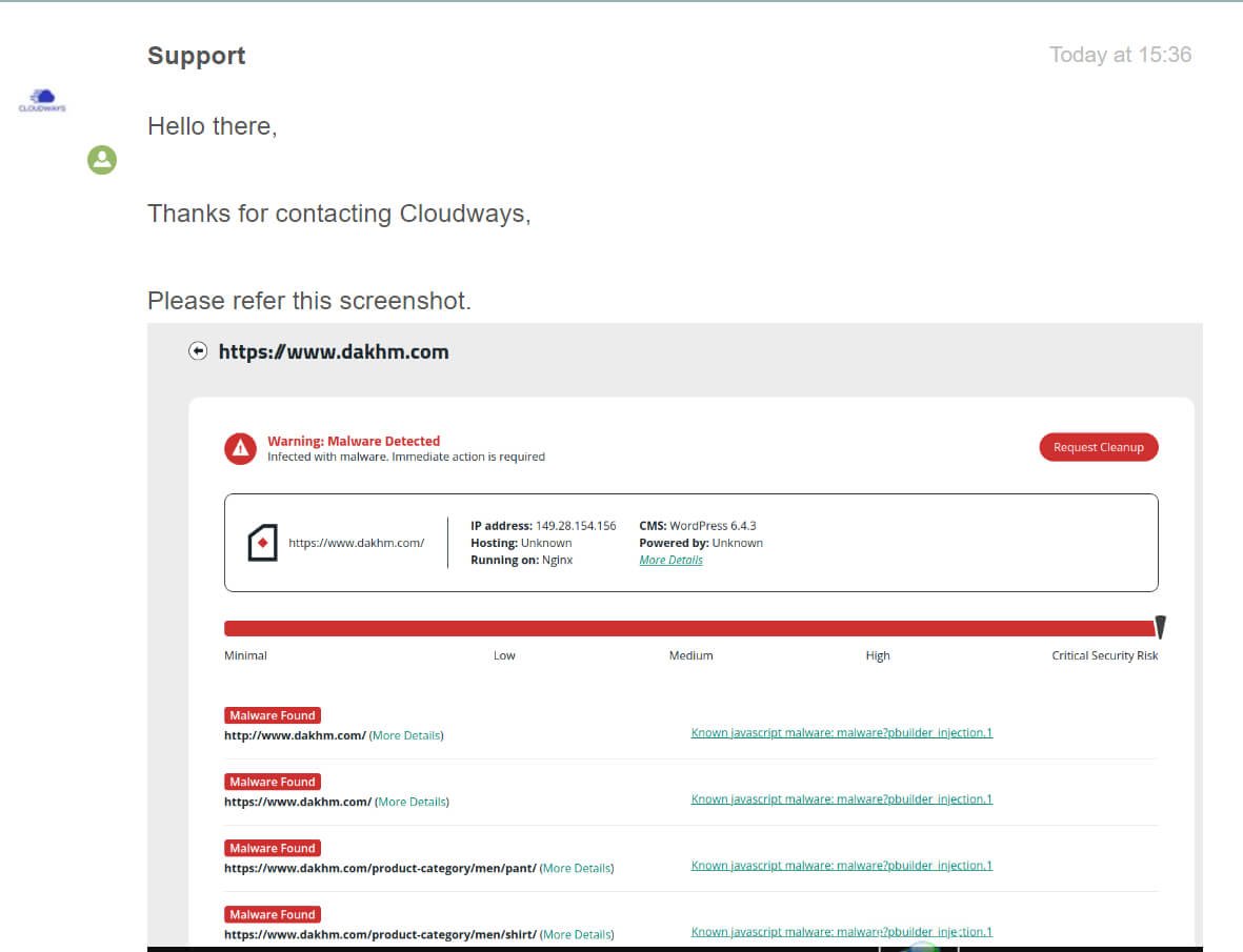 Cloudways support reply to malware