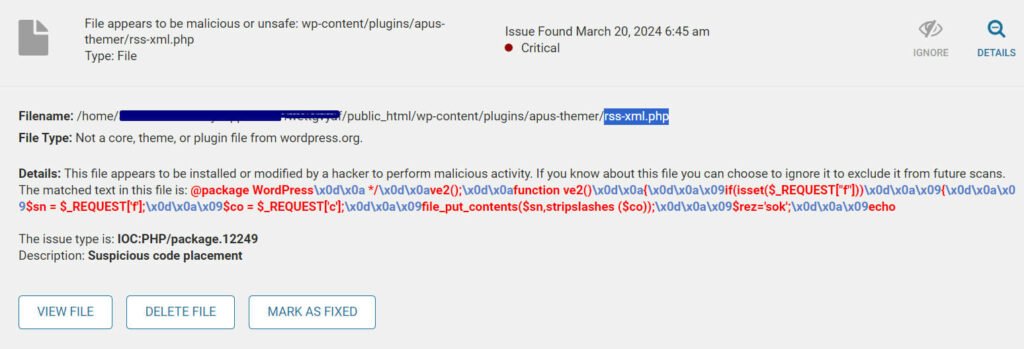 Wordfence plugin detected malicious file rss-xml.php